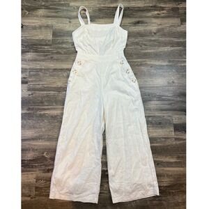 June & Hudson White Linen Blend Wide Leg‎ Jumpsuit Button Detail Size Small